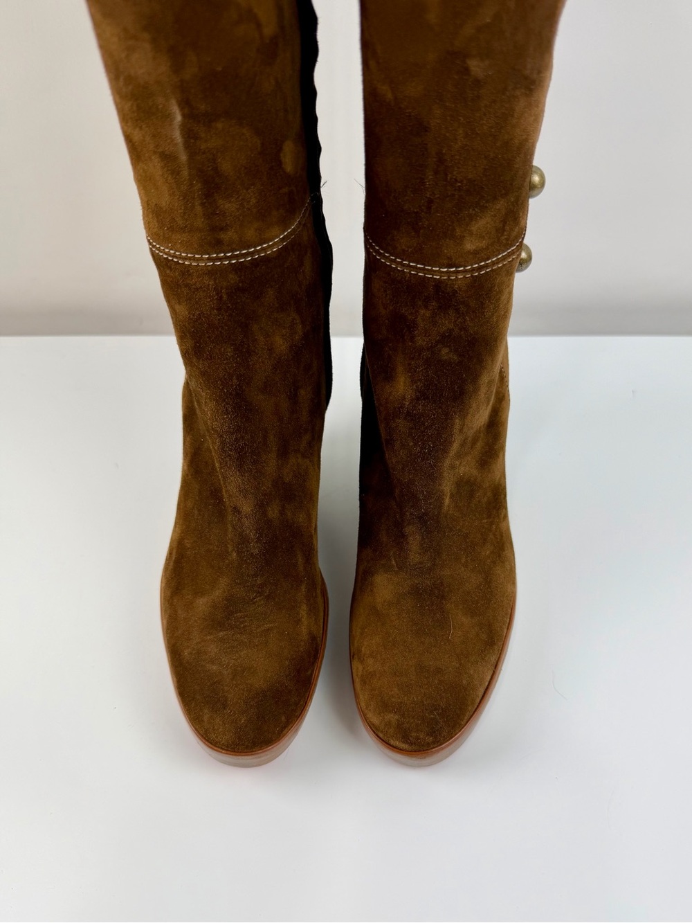 Christian Louboutin Chestnut Suede Knee Boots with Gold Button Detail - Picture 9 of 14